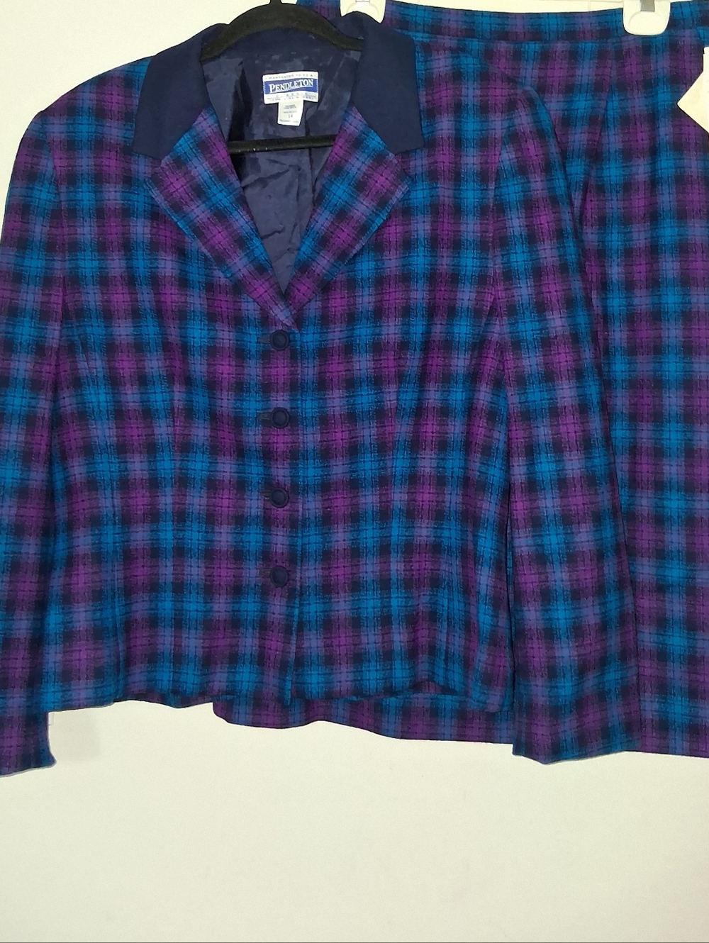 Vintage Pendleton Purple & Teal Classic Women's Blazer Jacket & Skirt 100% Wool